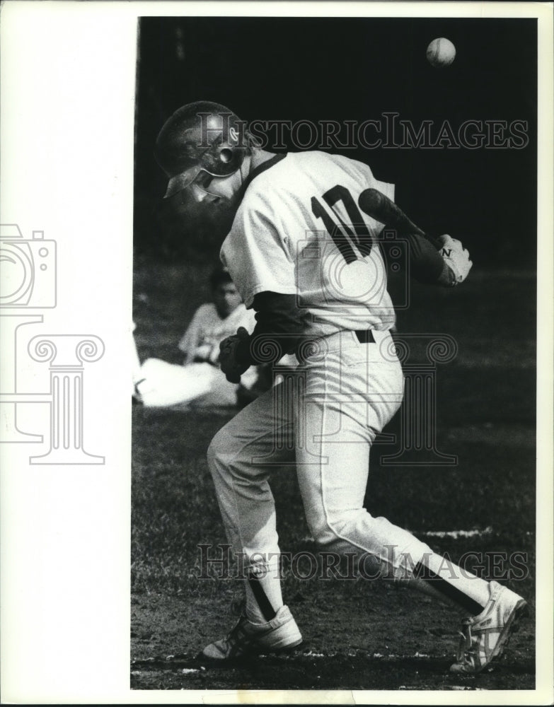 Press Photo Saratoga baseball player #10 Marty Migliori hits foul ball in NY - Historic Images