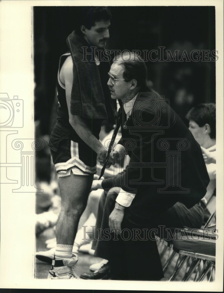 Press Photo High school basketball coach &amp; player shake hands in Watervliet, NY - Historic Images