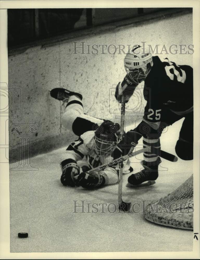 1985 Press Photo Union College hockey game action in Schenectady, New York - Historic Images