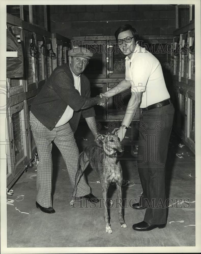 Press Photo Owner &amp; track judge with greyhound, Green Mountain, Pawnal, Vermont - Historic Images