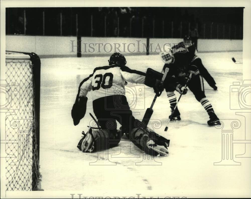 1983 Press Photo Hockey goalie #30 blocks shot in game at Albany Academy, NY- Historic Images