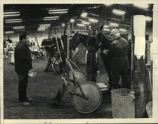 1984 Press Photo New York State veterinarian tests racehorse at Saratoga Raceway - Historic Images
