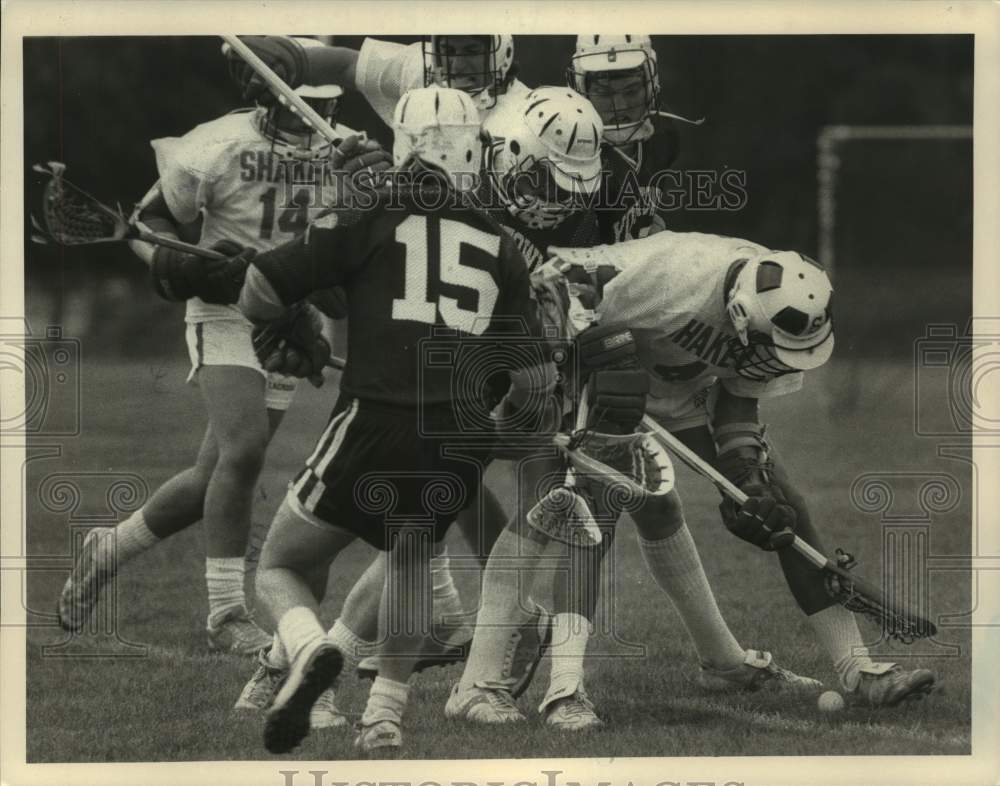 1985 Press Photo Shaker High School lacrosse action in Albany, New York - Historic Images
