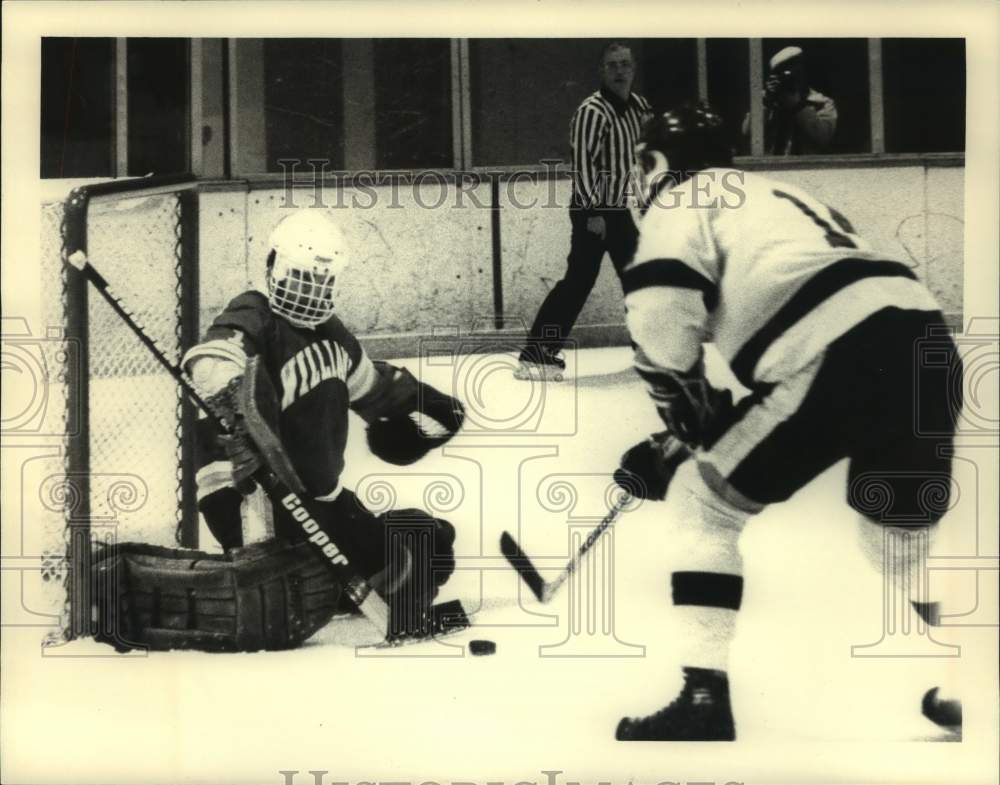 1985 Press Photo Union College hockey game action, Schenectady, New York- Historic Images