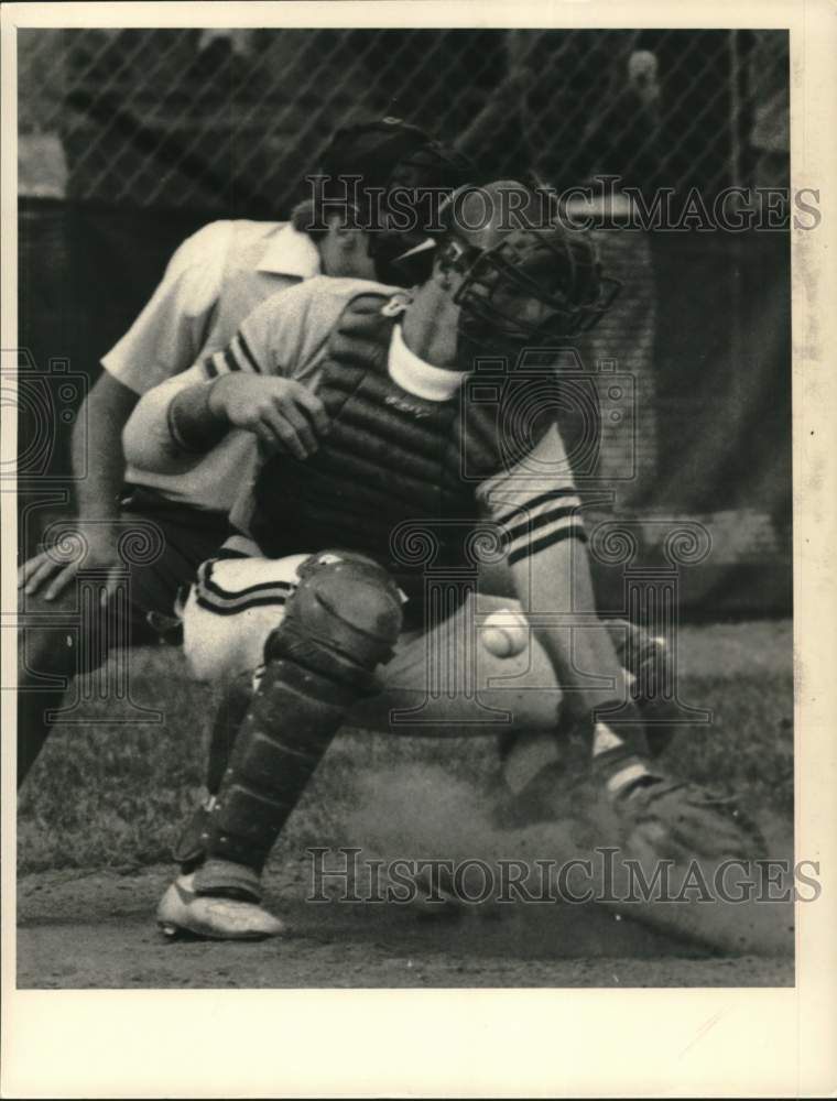 Press Photo A baseball catcher and umpire in action - tus05838- Historic Images