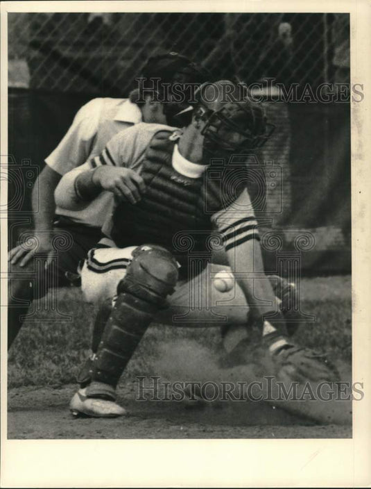 Press Photo A baseball catcher and umpire in action - tus05838- Historic Images