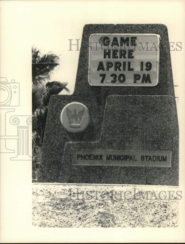 Press Photo A sign advertises a game at Phoenix Municipal Stadium - tus05842 - Historic Images