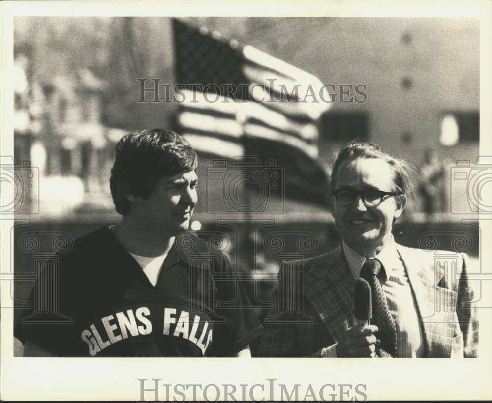 Press Photo Two men with flag, Glens Falls baseball - tus06228 - Historic Images