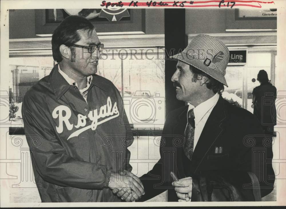 1977 Press Photo Jack McKeon greets fan, Kansas City Royals baseball - tus06306- Historic Images