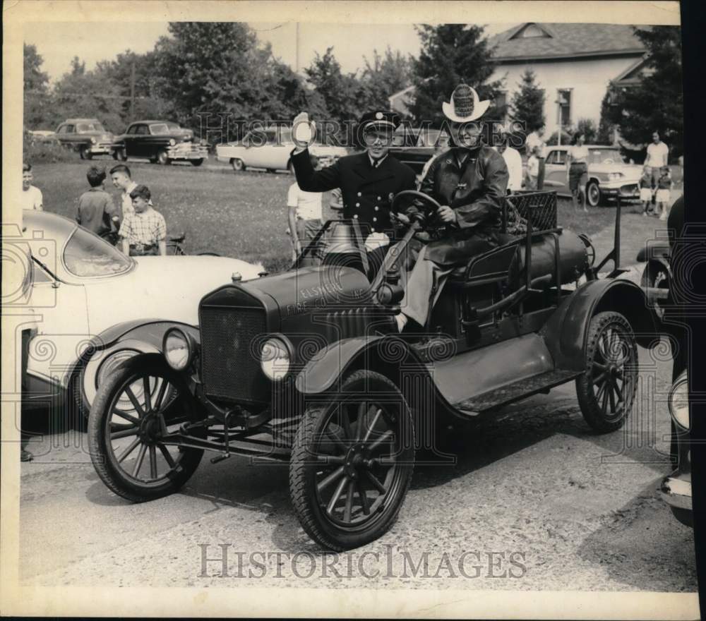 1958 Press Photo Firemen in 1917 Model T Ford in Elsemere, New York - tux04222 - Historic Images