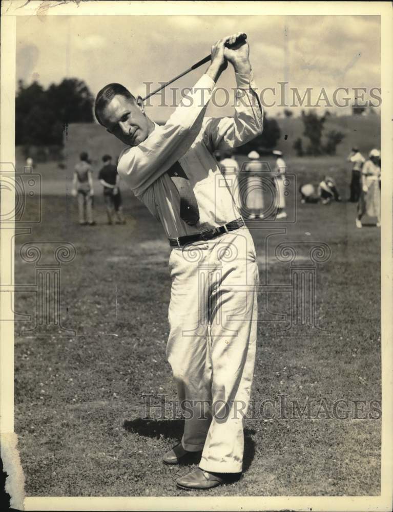 1935 Press Photo Golfer swings club Troy Country Club, New York - tux08883 - Historic Images