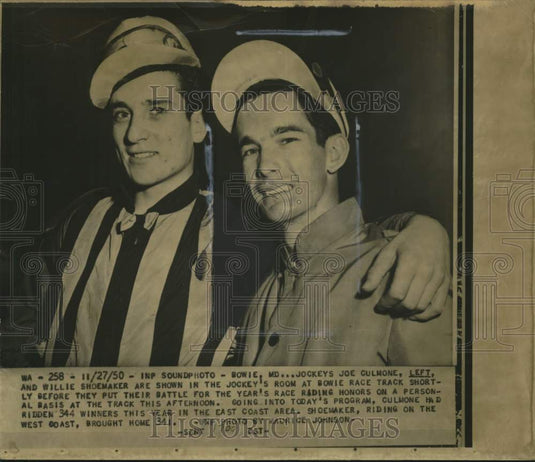 1950 Press Photo Jockeys Joe Culmone and Willie Shoemaker in Bowie, Maryland - Historic Images